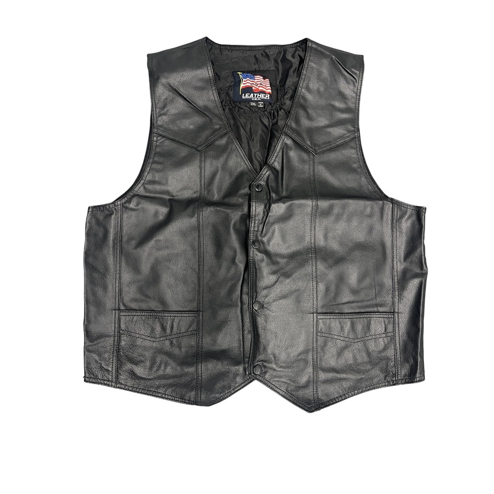 Leather USA Vest Mens 2XL Black Biker Snap Front Harley Patch Motorcycle